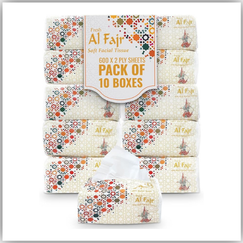 Al Fajr Nylon Facial Tissue, 600 Sheets per Pack, 2-Ply, 10 Packs,