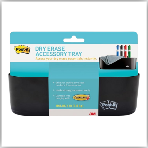 Post-it® Dry Erase Accessory Tray, DEFTRAY, ideal to use with Whiteboards Film, to store dry erase markers, cloth & accessories. 1 Accessory Tray + 4 Command Strips/ pack