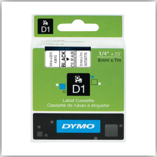 Dymo 43610, D1 Tape, 6mm x 7m, Black on Clear