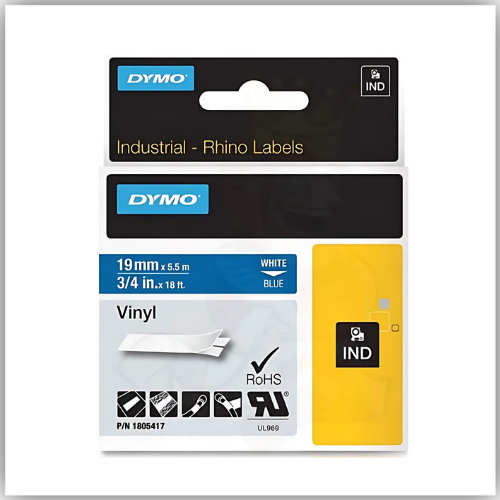 Dymo Rhino 1805417 Vinyl 19mm White on Blue Tape