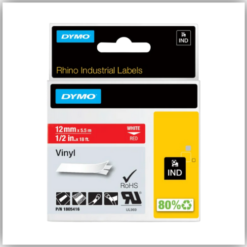 Dymo Rhino 1805416 Vinyl 12mm White on Red Tape
