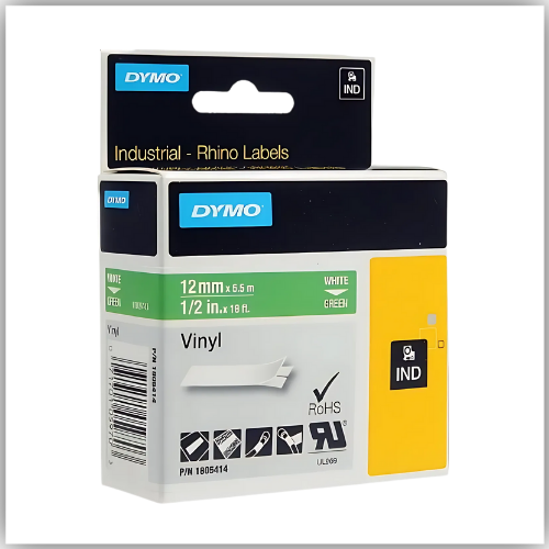Dymo Rhino 1805414 Vinyl 12mm White on Green Tape