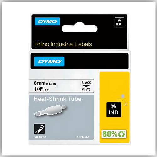 Dymo 18051 Heat Shrink Tube, 6mm, Black On White