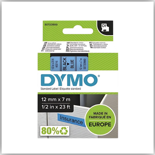 Dymo 45016, D1 Tape,12mm x 7m, Black on Blue