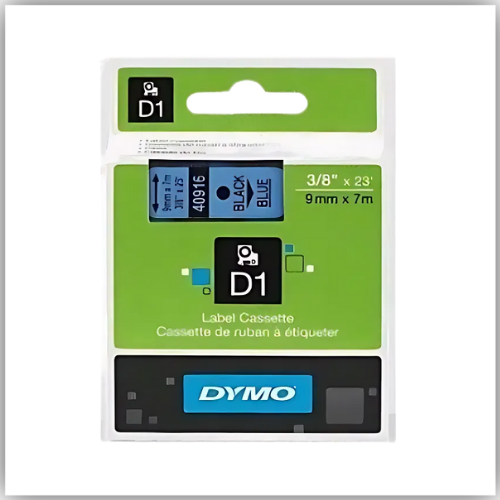 Dymo 40916, D1 Tape,9mm x 7m, Black on Blue