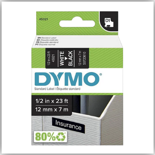 Dymo 45021, D1 Tape,12mm x 7m, White on Black