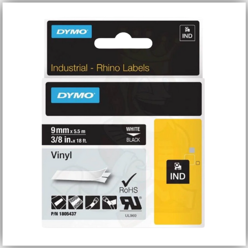 Dymo Rhino Black Vinyl Tape - 9mm, White Text (1805437)
