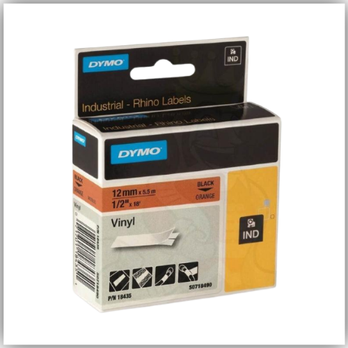 Dymo Rhino Orange Vinyl Tape - 12mm, Black Text (18435)
