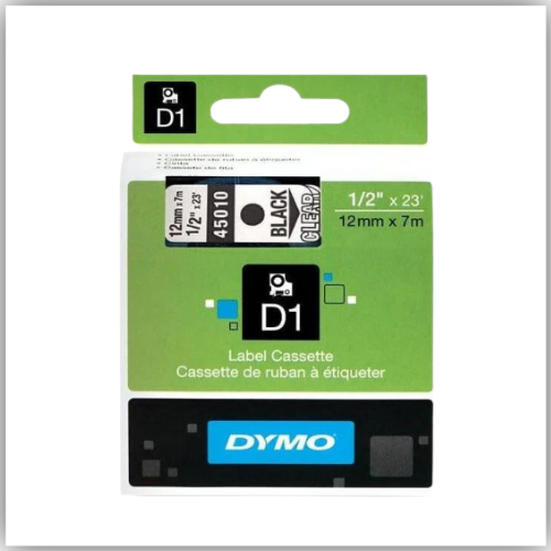 Dymo 45010, D1 Tape,12mm x 7m, Black on Transparent
