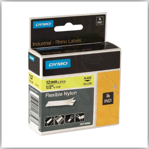 Dymo Rhino Yellow Flexible Nylon Tape - 12mm, Black Text (18490-18756)