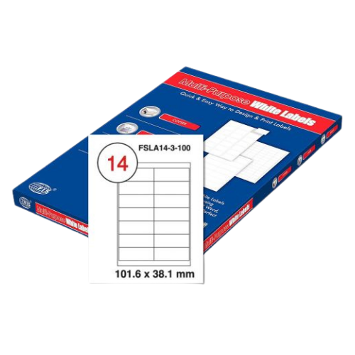 FIS Multi-purpose Laser Labels, A4 Size (101.6X38.1mm) 100 Sheets Per Pack, White Plain Labels - FSLA14-3-100