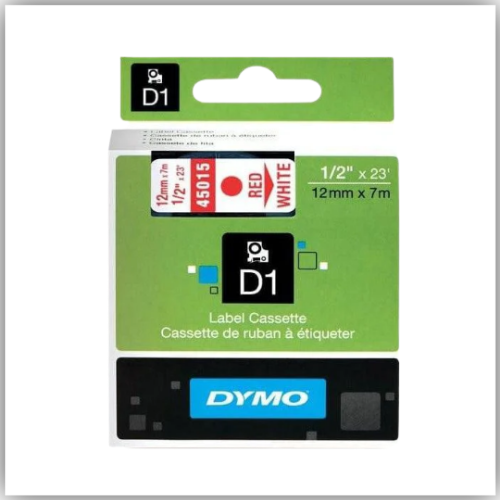 Dymo 45015, D1 Tape,12mm x 7m, Red on White