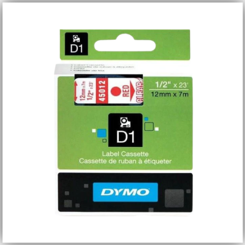 Dymo 45012, D1 Tape,12mm x 7m, Red on Transparent