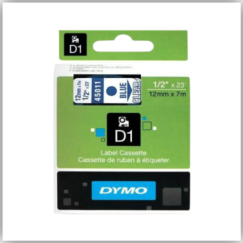 Dymo 45011, D1 Tape,12mm x 7m, Blue on Transparent