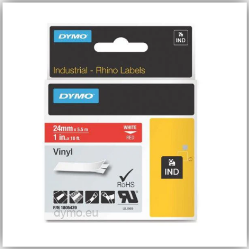 Dymo Rhino 1805429 Vinyl 24mm White on Red Tape
