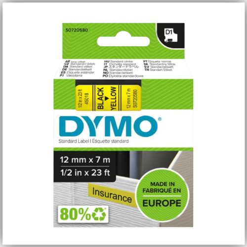 Dymo 45018, D1 Tape,12mm x 7m, Black on Yellow