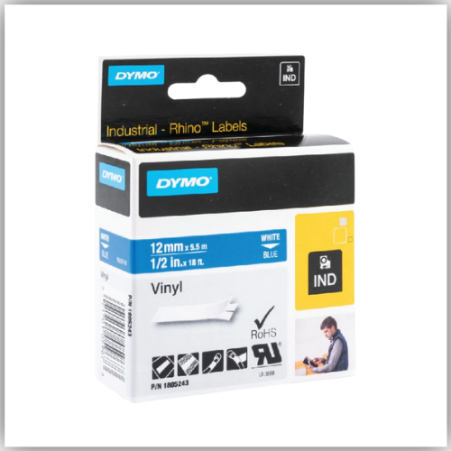 Dymo Rhino 1805243 Vinyl 12mm White on Blue Tape