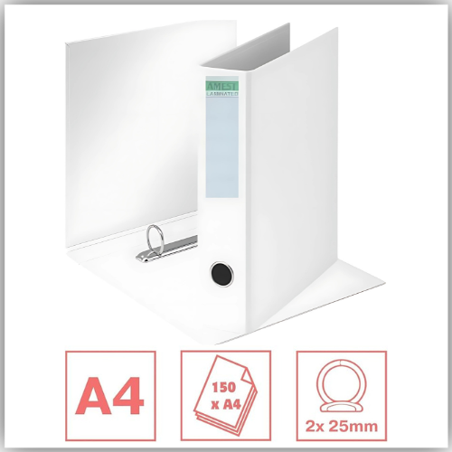 AMEST Heavy Duty 2-Ring Binder File–1 Inch Spine, Holds Up to 150 A4 Sheets - White
