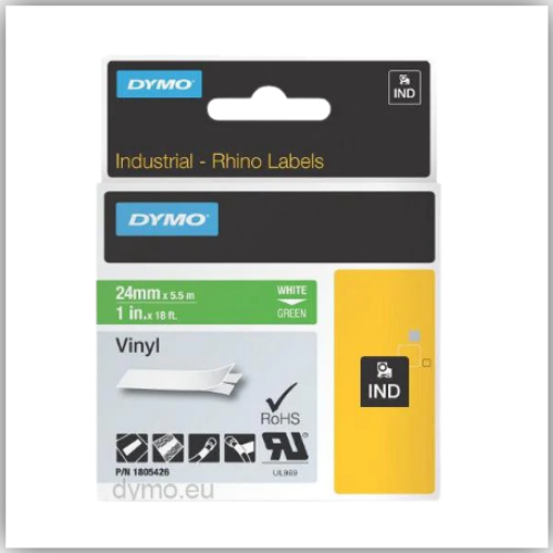 Dymo Rhino 1805426 Vinyl 24mm White on Green Tape