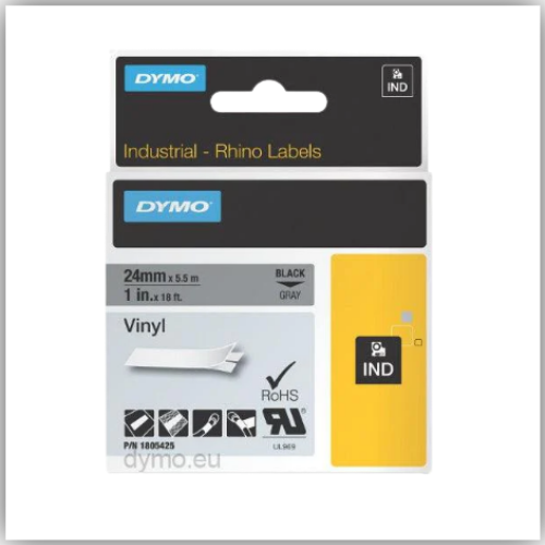 Dymo Rhino 1805425 Vinyl 24mm Black in Grey Tape