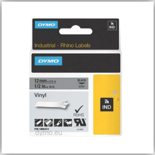 Dymo Rhino 1805413 Vinyl 12mm Black on Grey Tape
