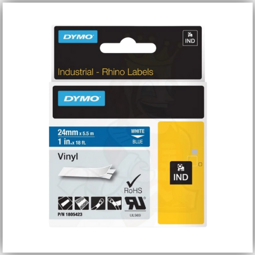 Dymo Rhino 1805423 Vinyl 24mm White on Blue Tape