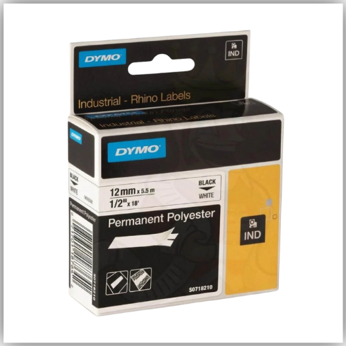 Dymo Rhino White Polyester Tape - 12mm, Black Text (18483-18764)