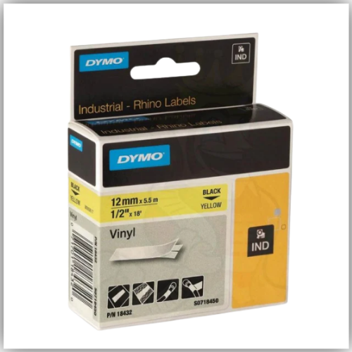Dymo Rhino Yellow Vinyl Tape - 12mm, Black Text (18432)