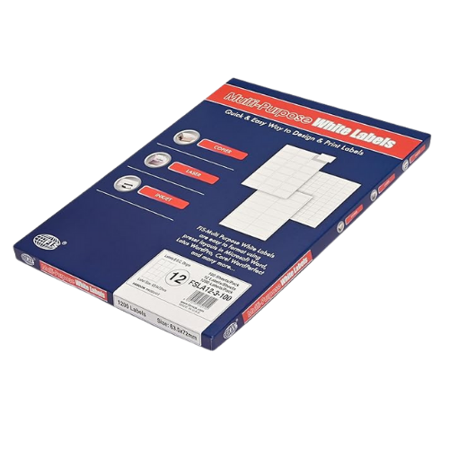 FIS Multi-purpose Laser Labels, A4 Size (63.5X72mm) 100 Sheets Per Pack, White Plain Labels - FSLA12-3-100