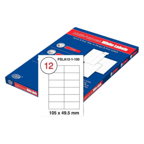 FIS Multi-purpose Laser Labels, A4 Size (105X49.5mm) 100 Sheets Per Pack, White Plain Labels - FSLA12-1-100