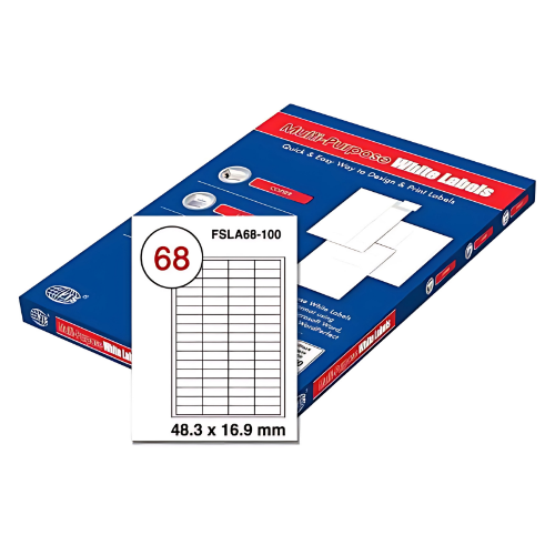 FIS Multi-purpose Laser Labels, A4 Size (48.3X16.9mm) 100 Sheets Per Pack, White Plain Labels - FSLA68-100
