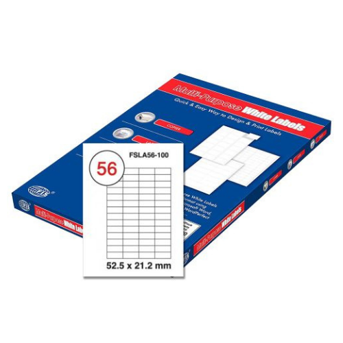 FIS Multi-purpose Laser Labels, A4 Size (52.5X21.2mm) 100 Sheets Per Pack, White Plain Labels - FSLA56-100