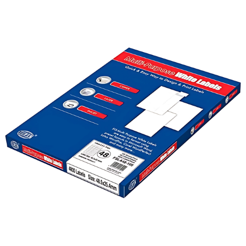 FIS Multi-purpose Laser Labels, A4 Size (48.5X25.4mm) 100 Sheets Per Pack, White Plain Labels - FSLA48-100