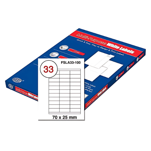 FIS Multi-purpose Laser Labels, A4 Size (70X25mm) 100 Sheets Per Pack, White Plain Labels - FSLA33-100