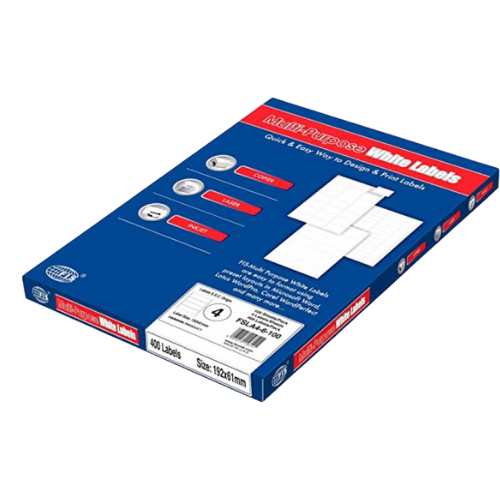 FIS Multi-purpose Laser Labels, A4 Size (192X61mm) 100 Sheets Per Pack, White Plain Labels - FSLA4-6-100