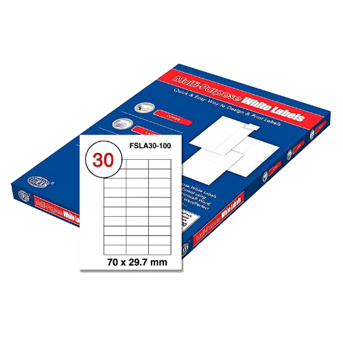 FIS Multi-purpose Laser Labels, A4 Size (70X29.7mm) 100 Sheets Per Pack, White Plain Labels - FSLA30-100