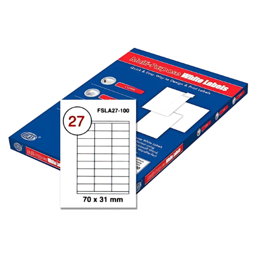 FIS Multi-purpose Laser Labels, A4 Size (70X31mm) 100 Sheets Per Pack, White Plain Labels - FSLA27-100