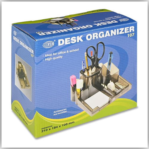 FIS® Desk Organizer, Size: 210x184x108mm, Plastic Materials, 7 Compartments with Built-In Tape Dispenser, Smokey Color-FSOR107
