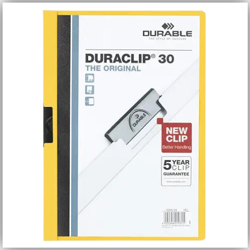 DURACLIP 30 A4 Clip Folder | Holds Up-to 30 Sheets of A4 Paper | Robust Metal Sprung Clip | Pack of 25 Yellow Colored Files