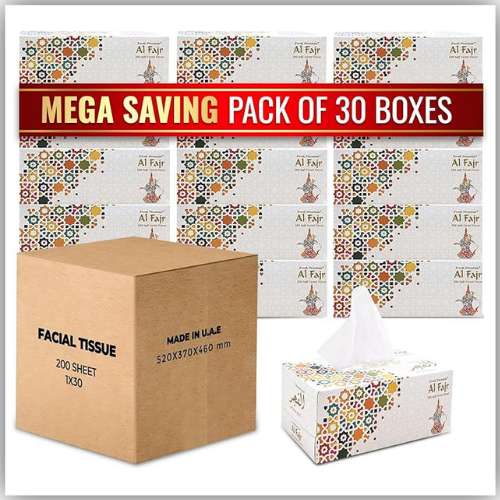 Al Fajr Pack Of 5 Facial Tissue 200 x 2 Ply Sheets (1x30x200)/Ctn