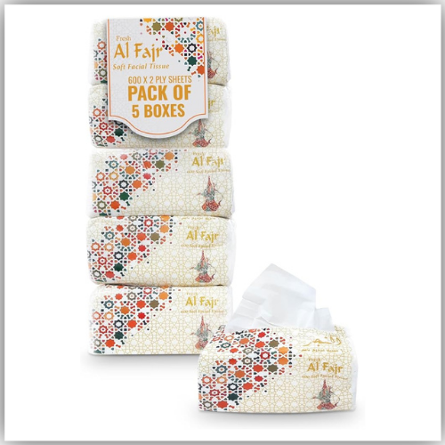 Facial Tissues by Al-Fajr, 600 Sheets per Pack, Pack of 5, White - Nylon Packaging