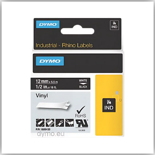 Dymo Rhino 1805435 Vinyl 12mm White on Black Tape