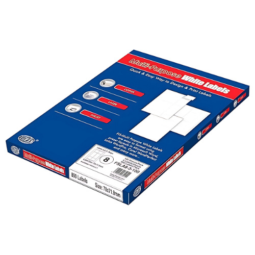 FIS Multi-purpose Laser Labels, A4 Size (70X71.9mm) 100 Sheets Per Pack, White Plain Labels - FSLA8-3-100