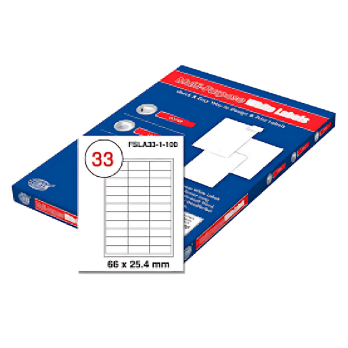 FIS Multi-purpose Laser Labels, A4 Size (66X25.4mm) 100 Sheets Per Pack, White Plain Labels - FSLA33-1-100