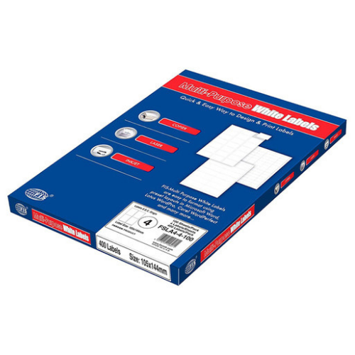 FIS Multi-purpose Laser Labels, A4 Size (105X144mm) 100 Sheets Per Pack, White Plain Labels - FSLA4-4-100