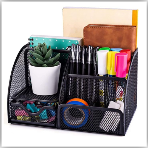 FIS® Metal Mesh Desk Organizer, Size(12.75x22x14cm) with 5 Partition 1 Drawer, Color Black-FSOR101BK