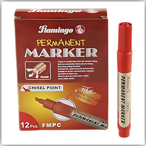 Permanent Marker CHISEL POINT - RED - Pack of 12 pcs Flamingo