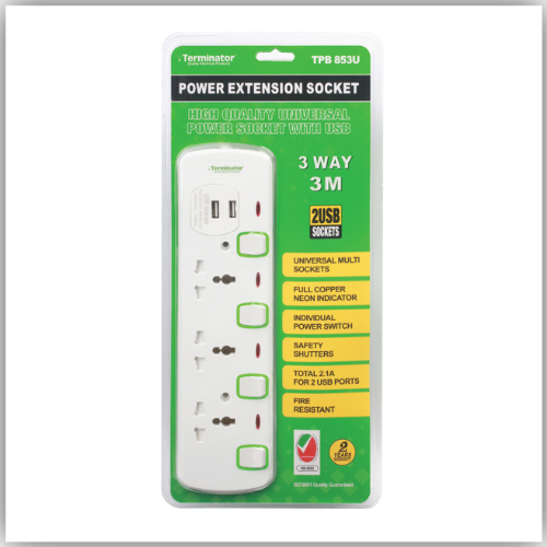 Extension Lead 3 Way Socket 3M With 2 USB, Individual Switches, Indicators -  TPB 853U