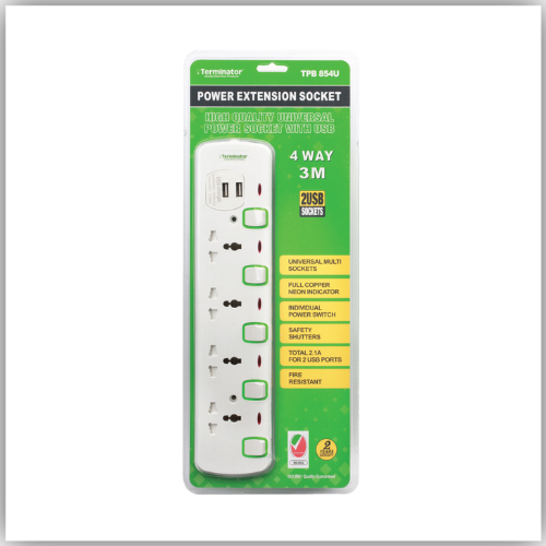 Extension Lead 4 Way Socket 3M With 2 USB, Individual Switches, Indicators - TPB 854U